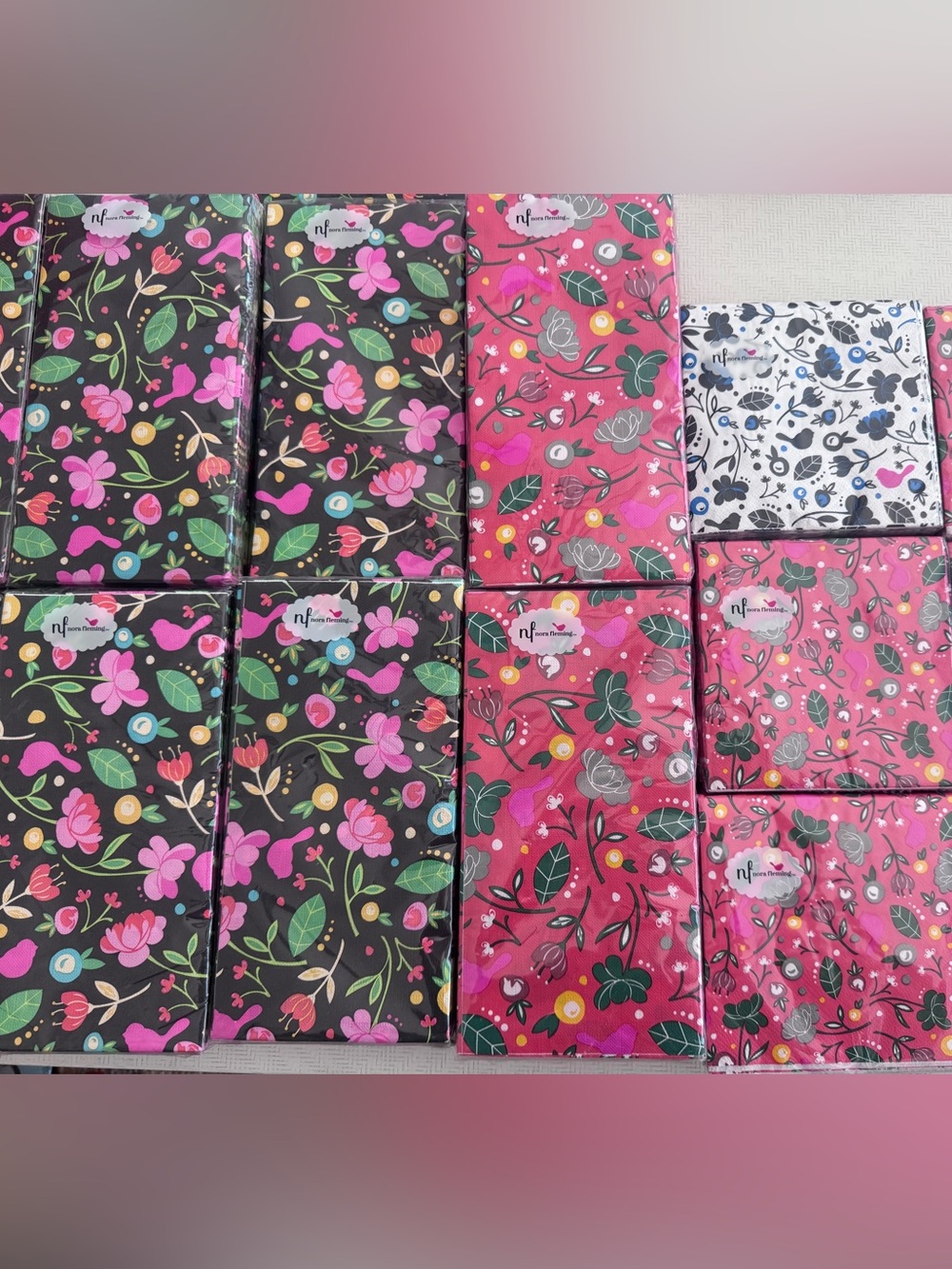 Nora Fleming Paper Floral Birds Pink, Black & White Guest Towl and Napkins